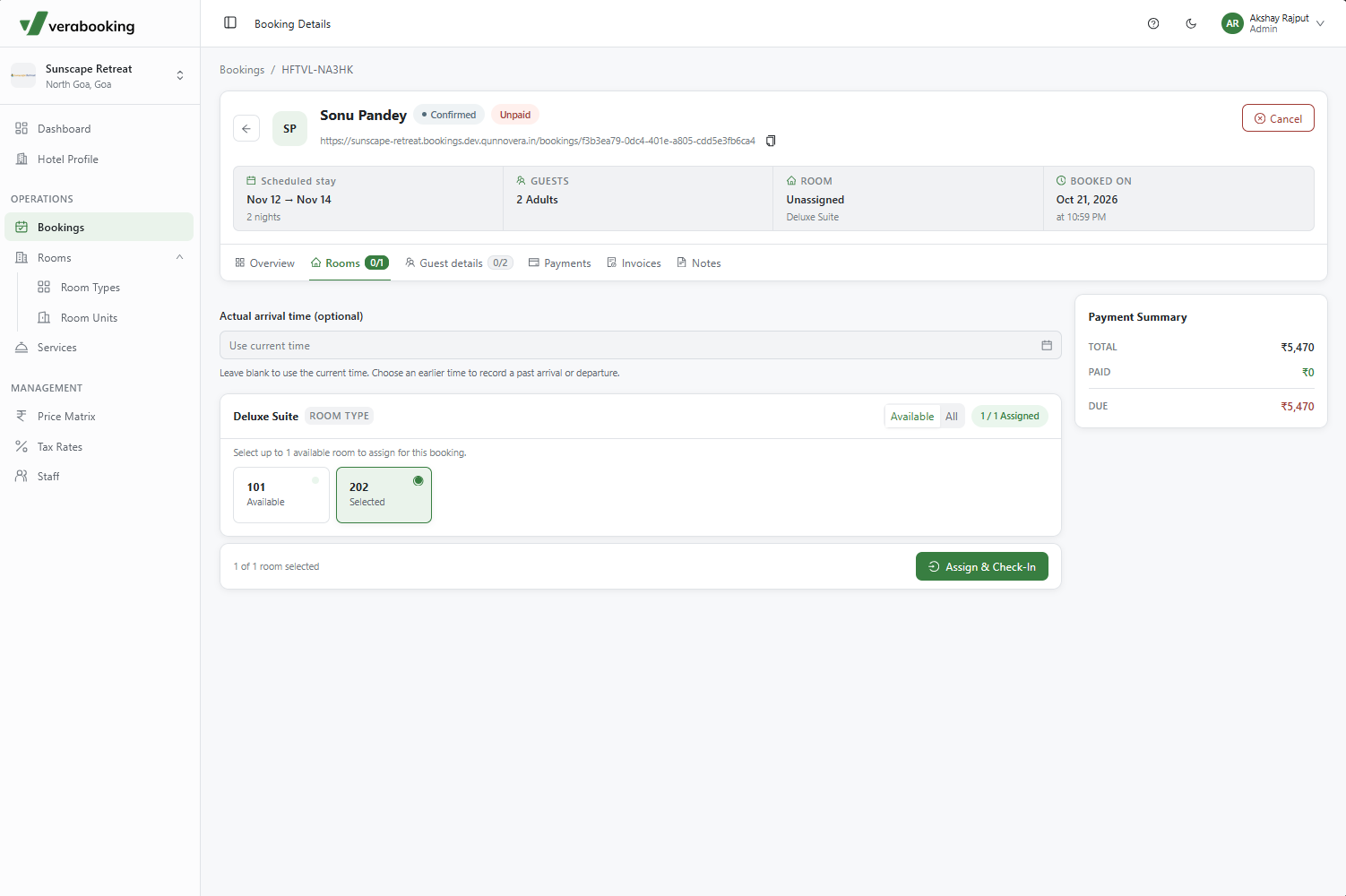 Assign room units and check guests in