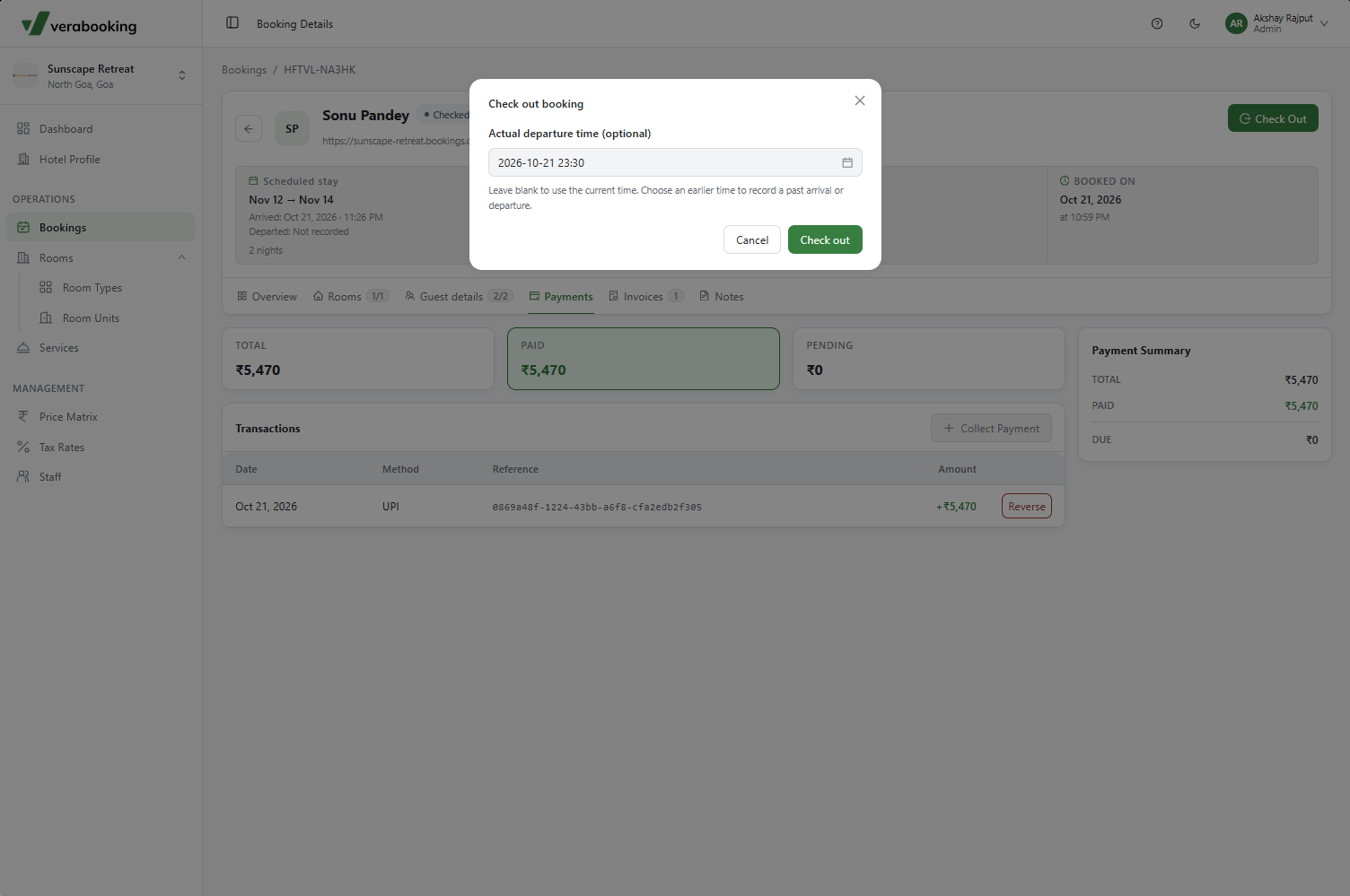 Checkout confirmation and departure time