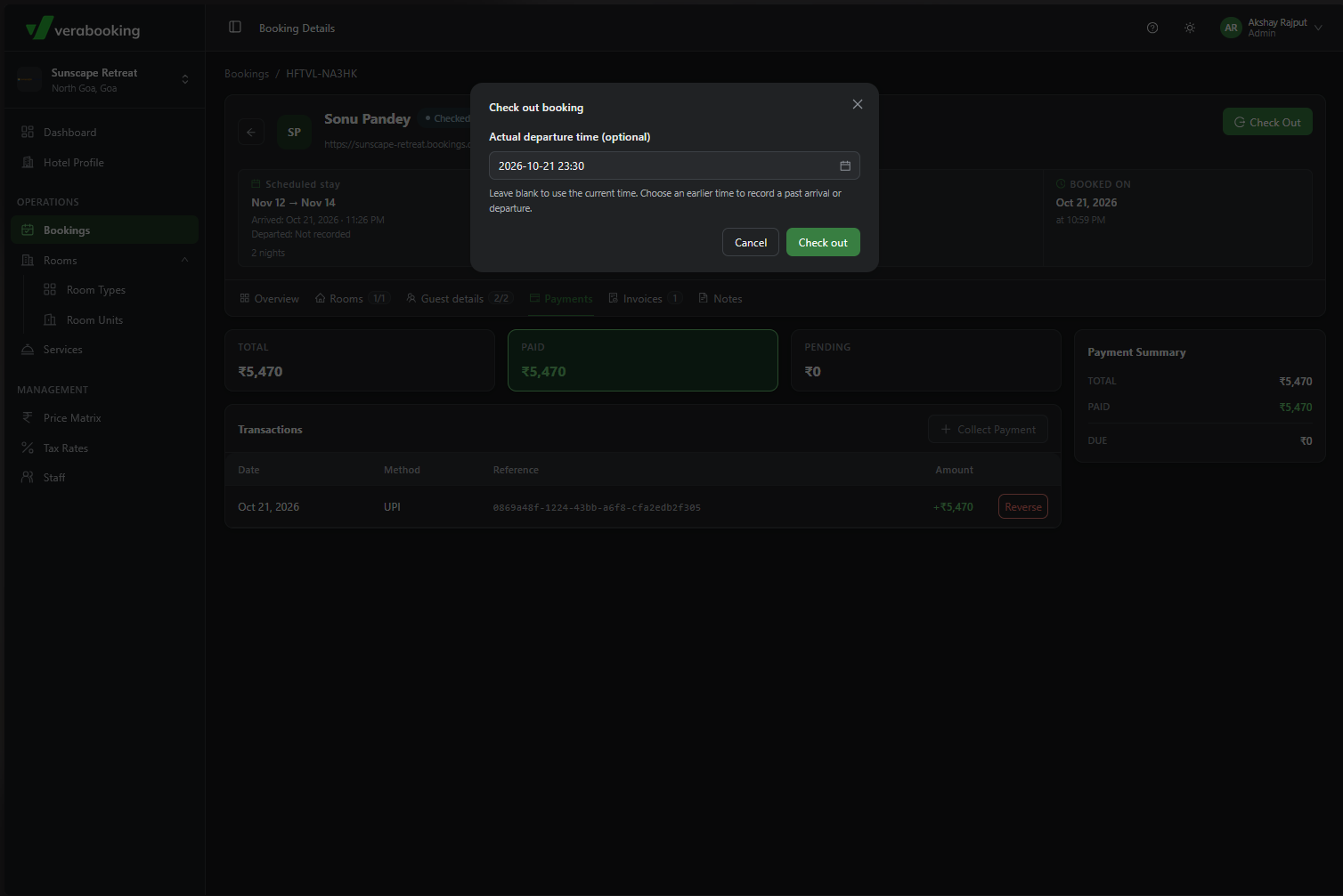 Checkout confirmation and departure time