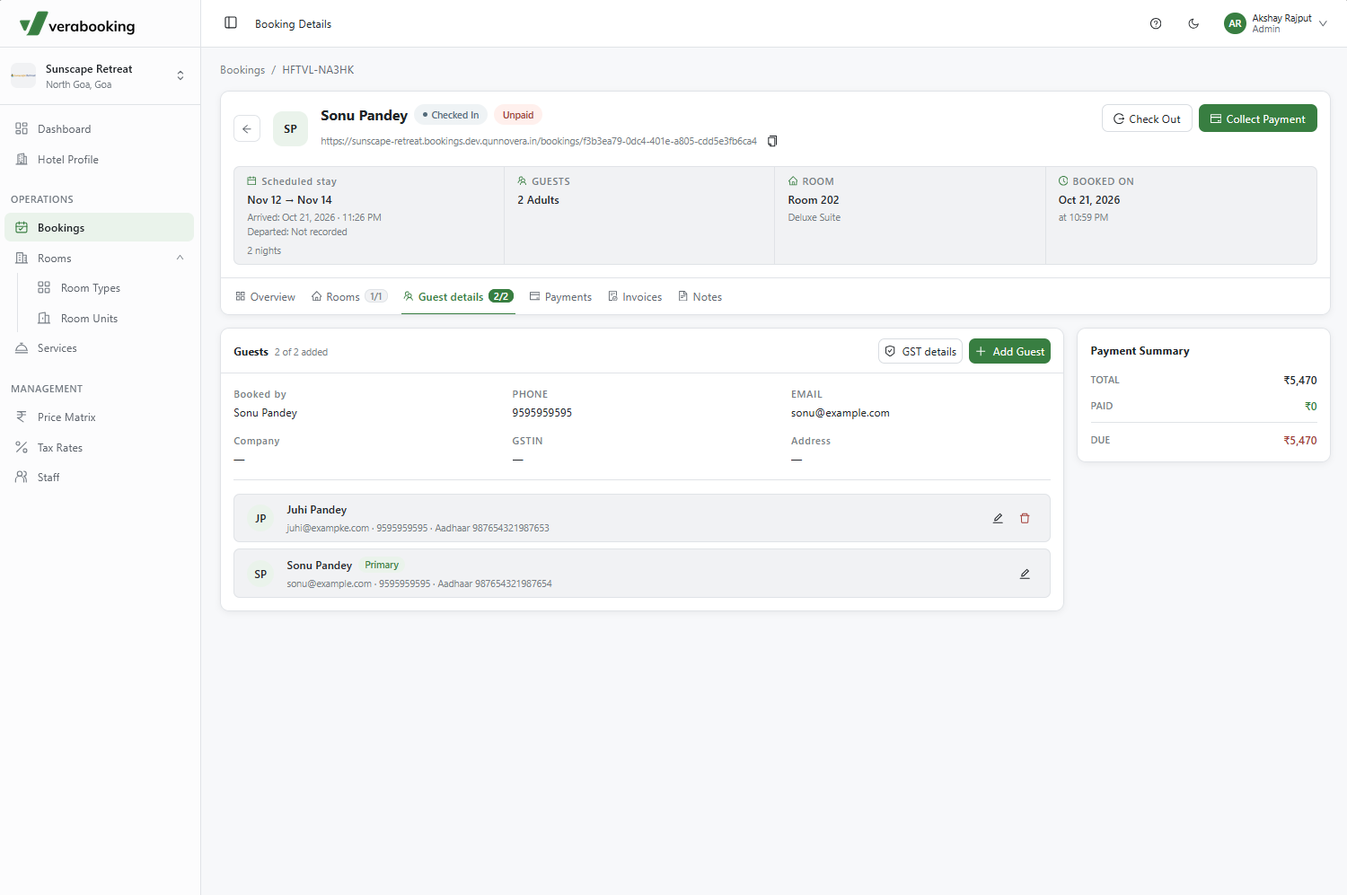 Guest details and payments in a booking