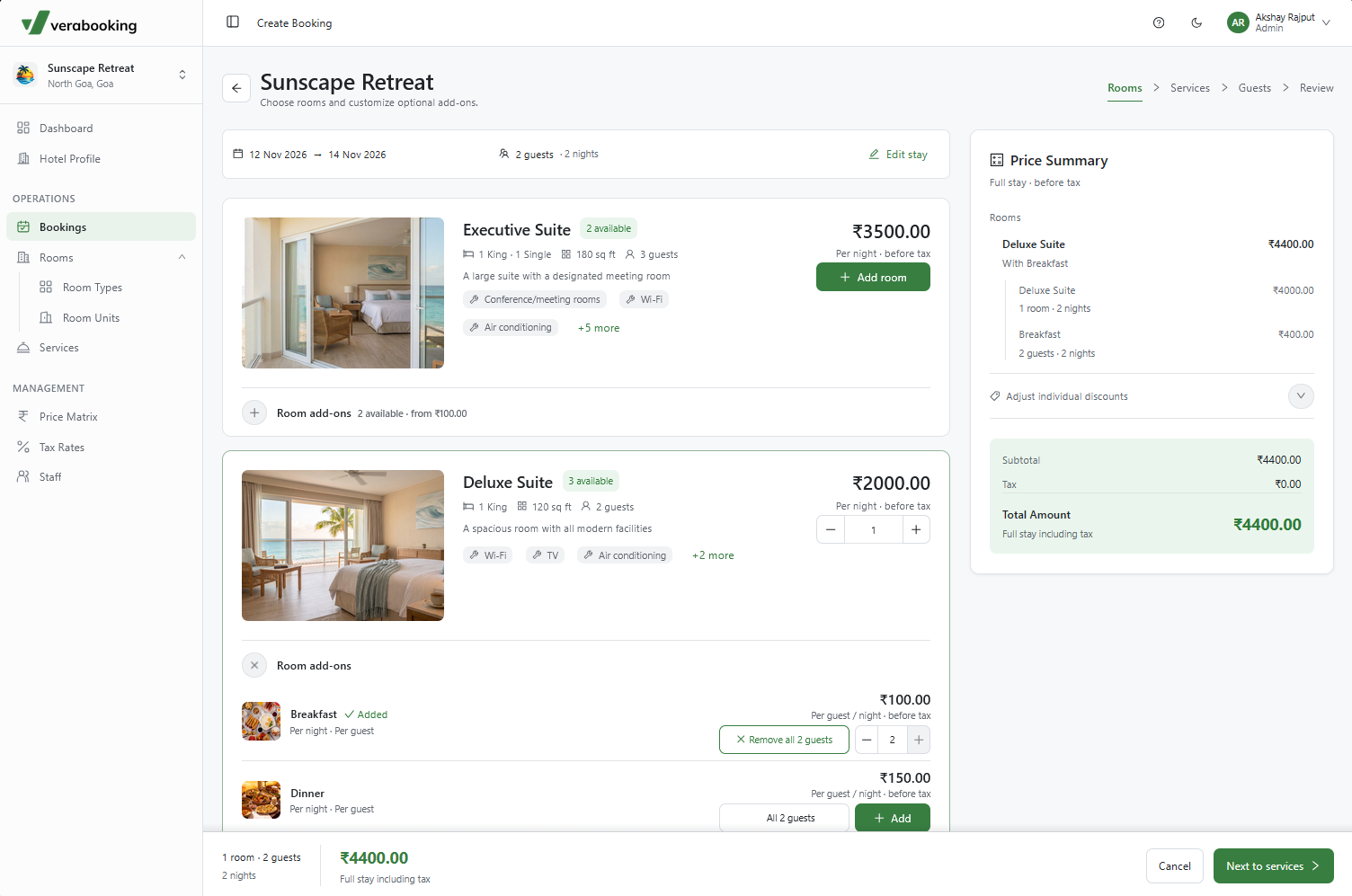 Room add-ons in the booking flow