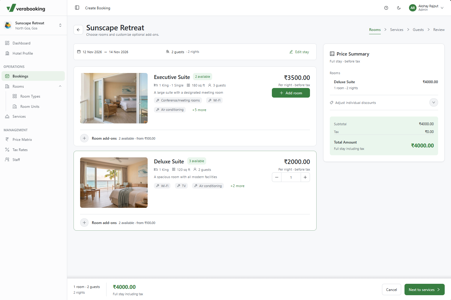 Available rooms and prices for the selected stay