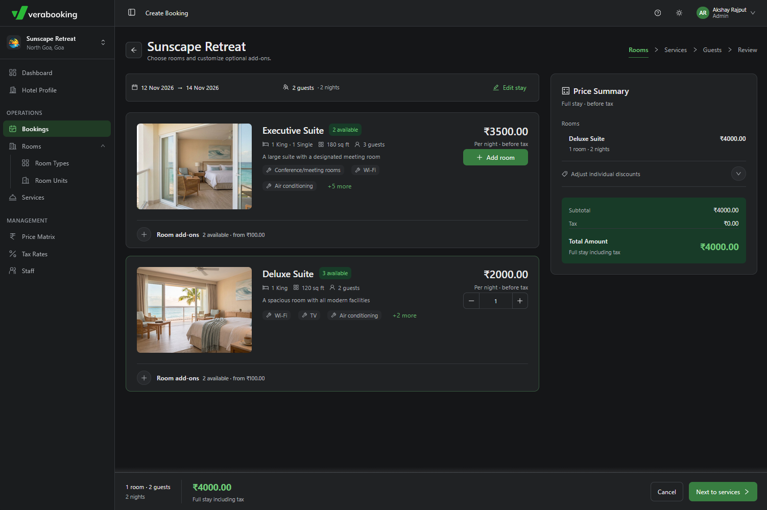 Available rooms and prices for the selected stay