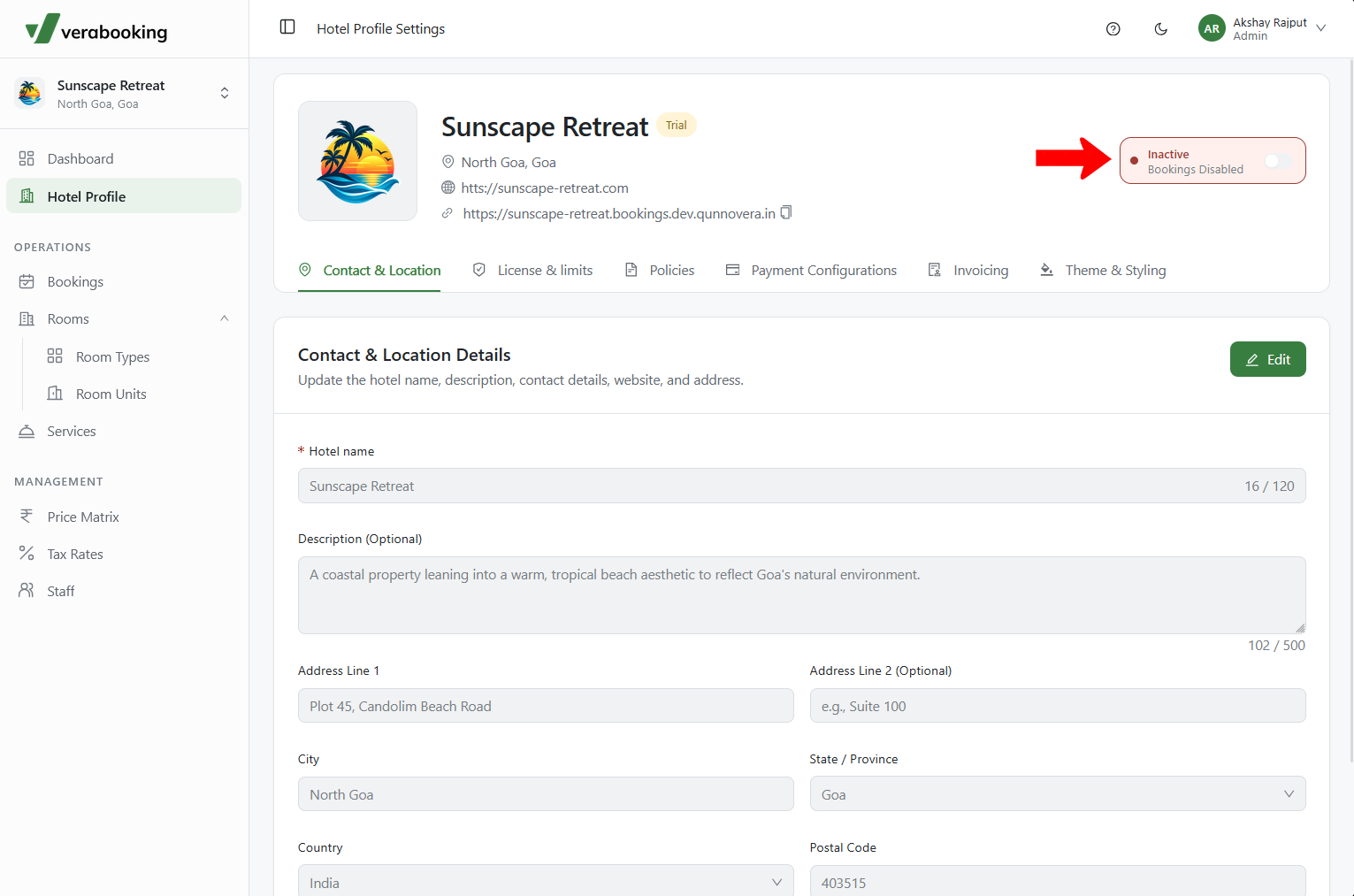 Hotel Profile setting for enabling bookings