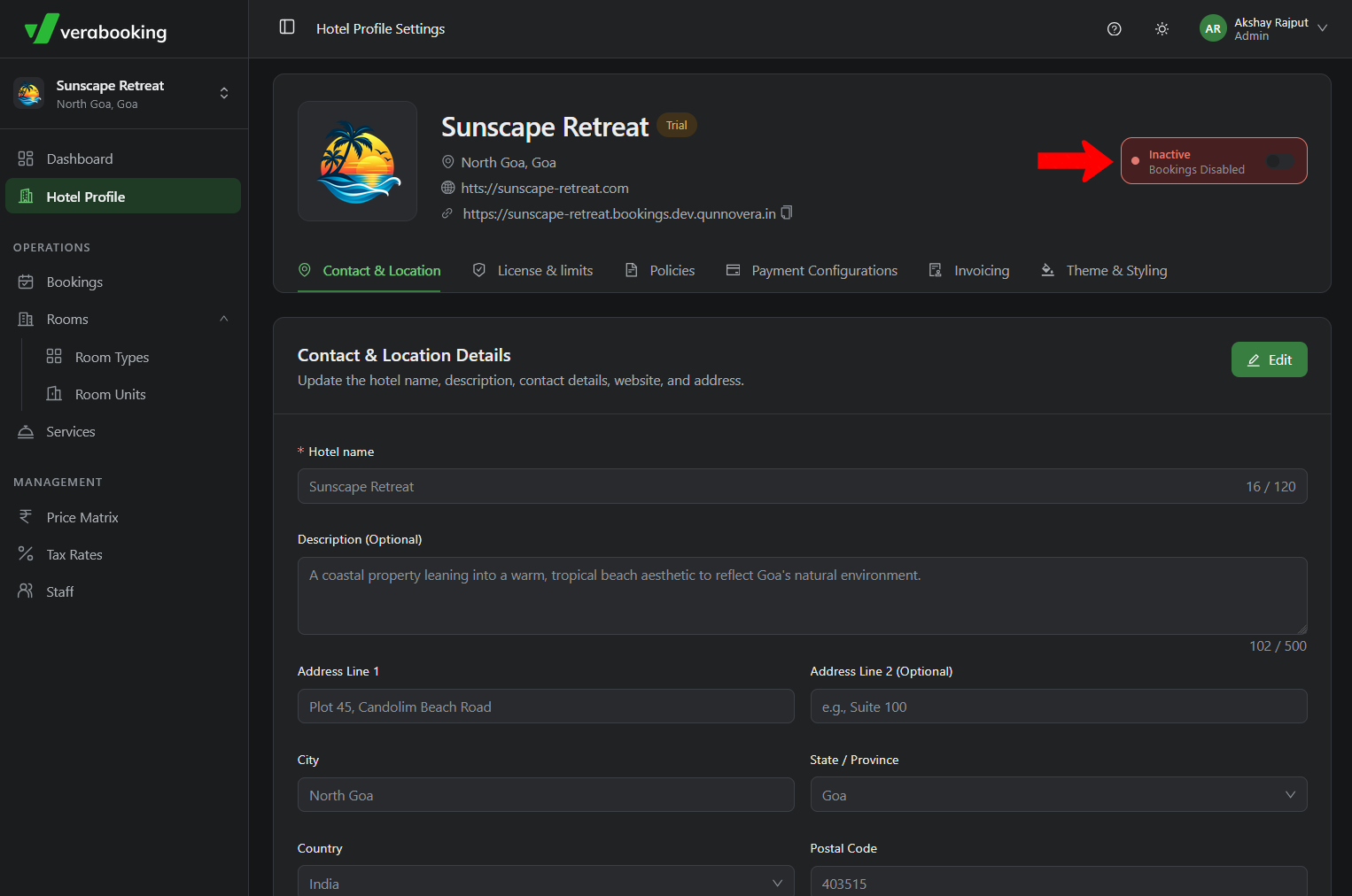 Hotel Profile setting for enabling bookings
