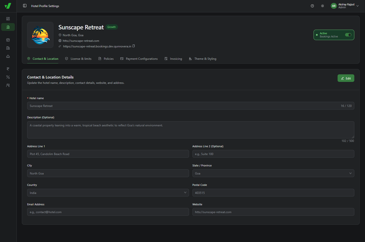 Hotel identity and contact details in the Contact and Location tab