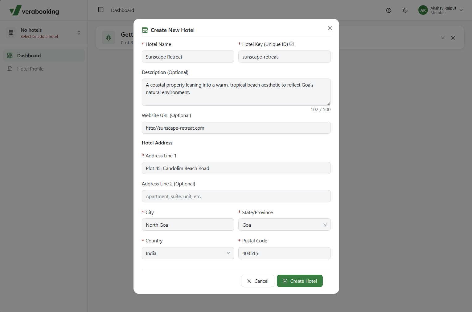 Add Hotel form with general details and Hotel Key