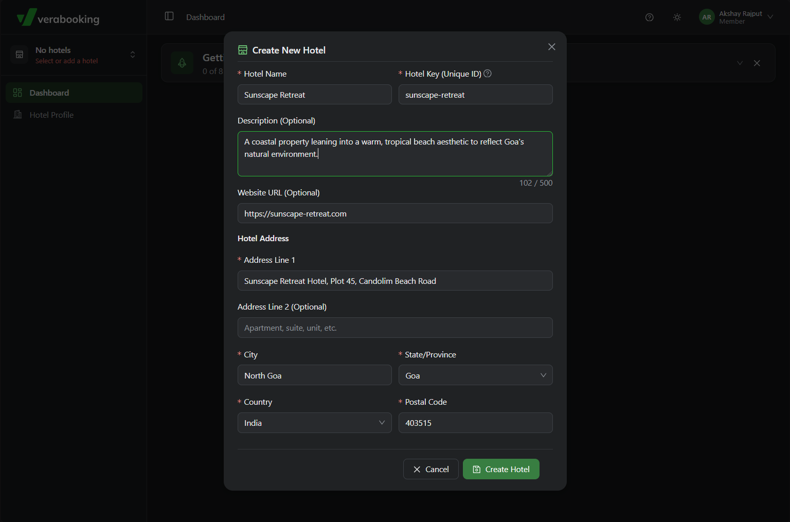 Add Hotel form with general details and Hotel Key