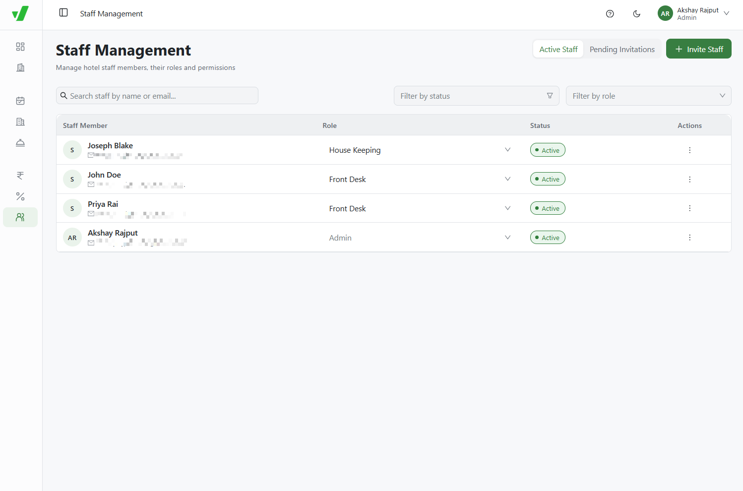 Staff Management dashboard with Invite Staff button