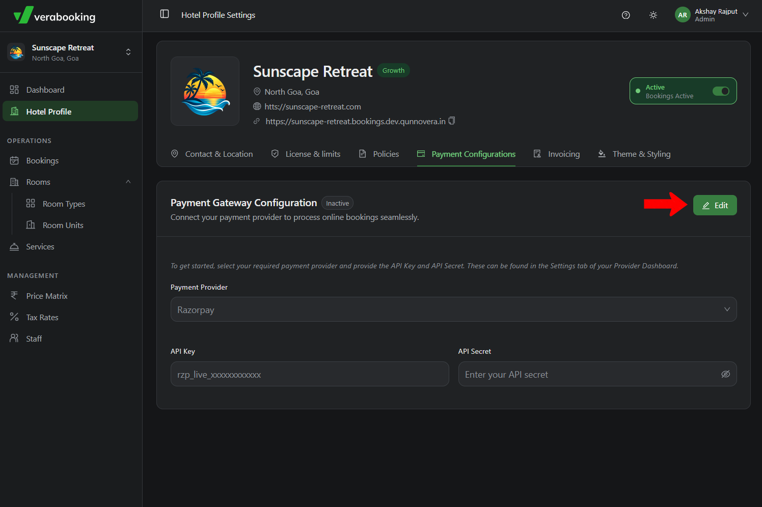 Payment Gateway Configuration panel with Edit button