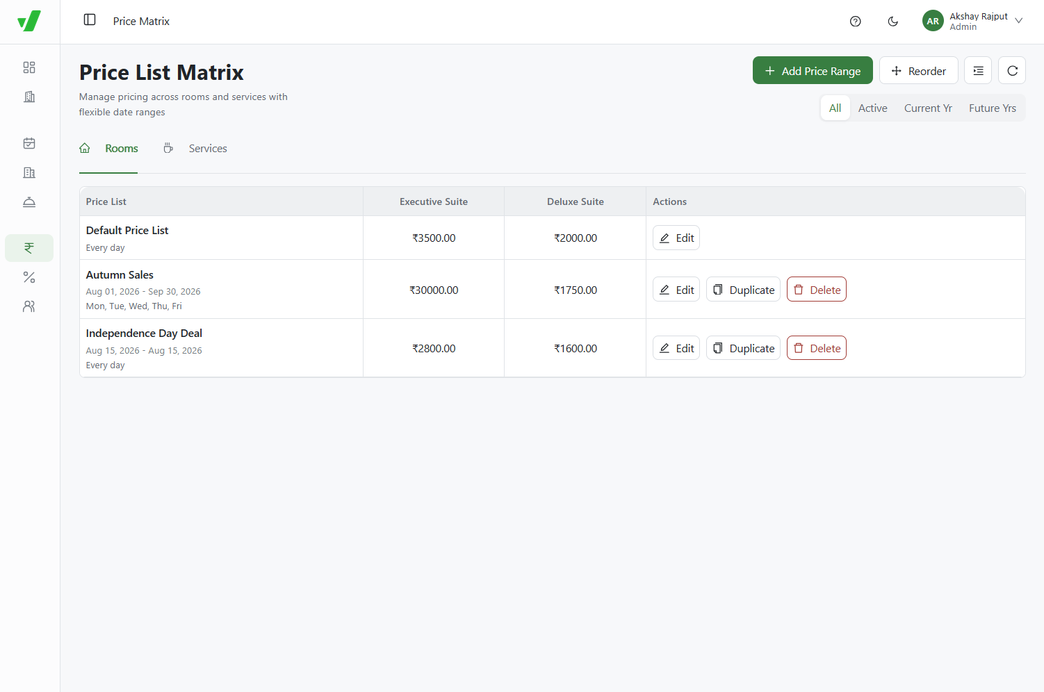 Price Matrix rows ordered by pricing priority