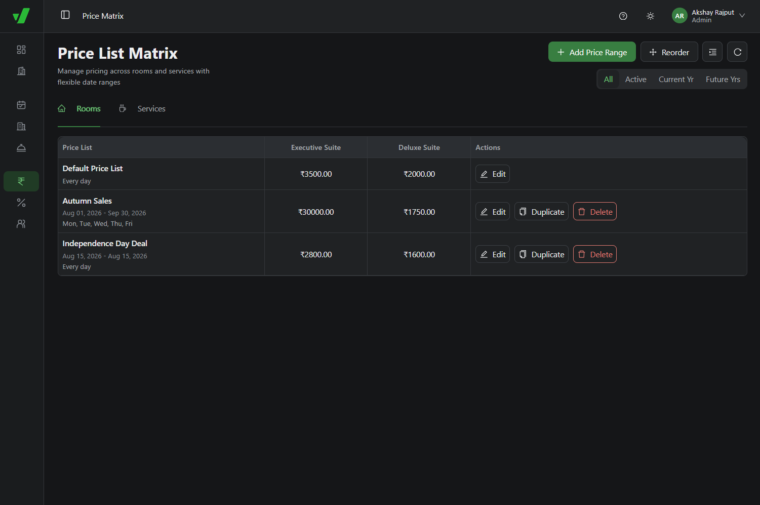 Price Matrix rows ordered by pricing priority