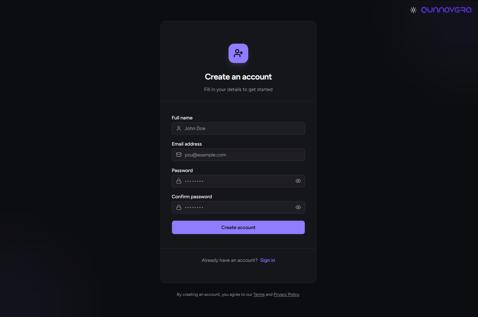 Qunnovera account registration form