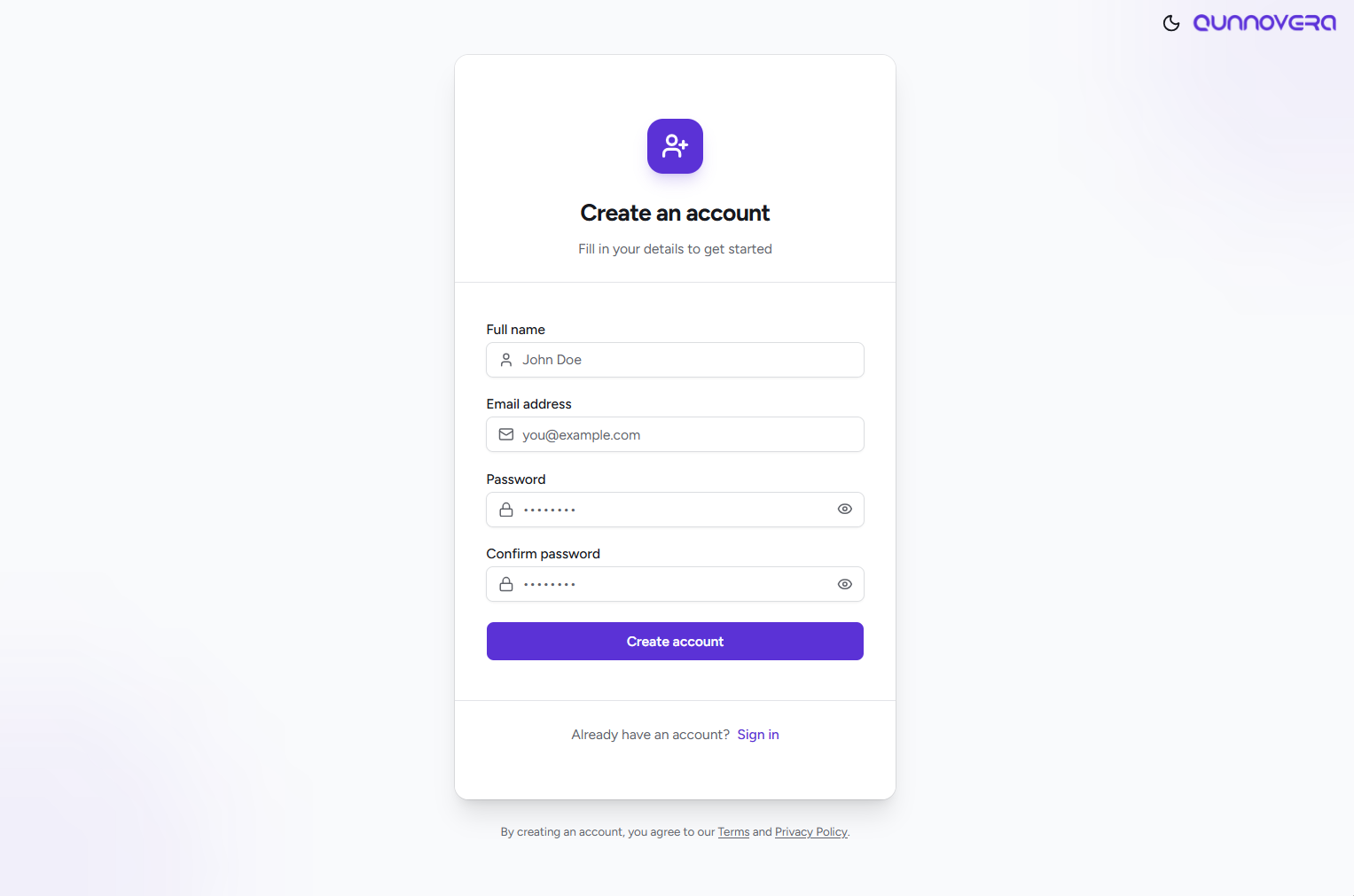Qunnovera account registration form