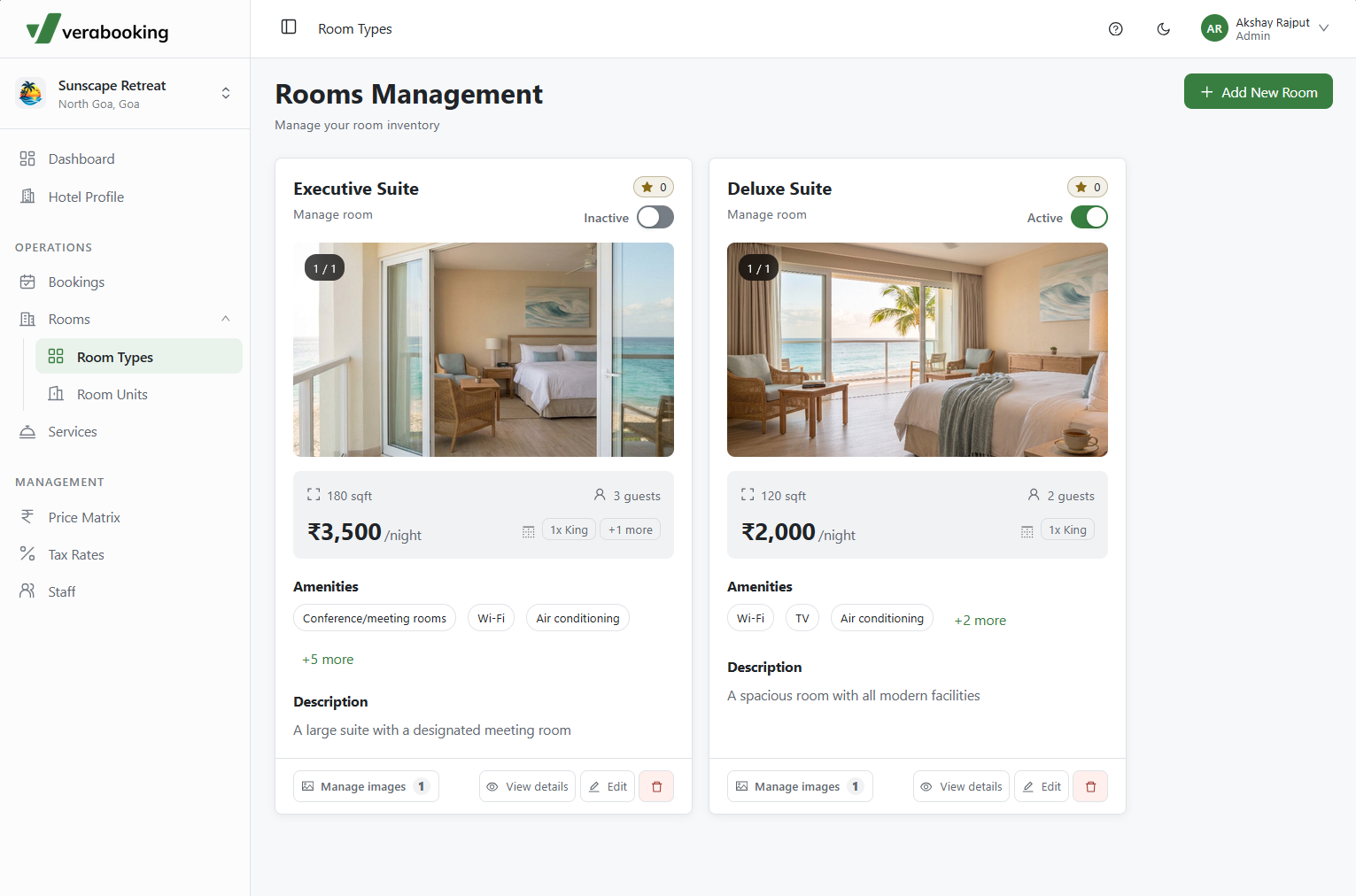 Room Types management dashboard