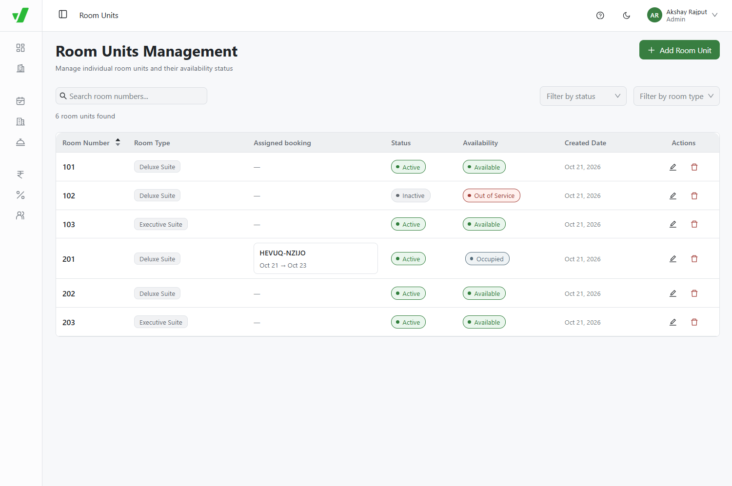 Room Units management dashboard