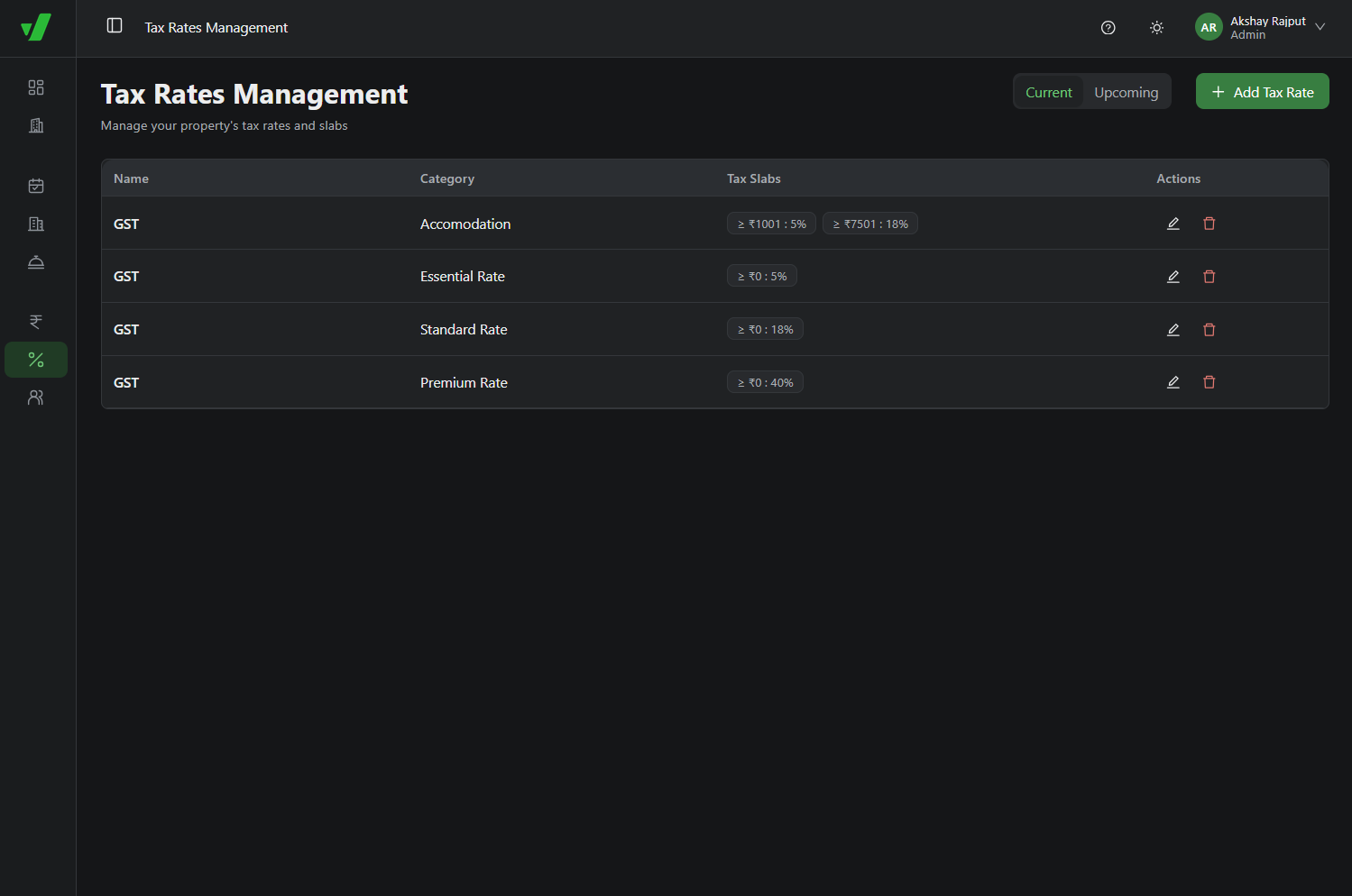 Tax Rates Management list